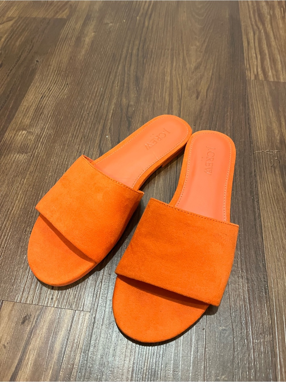 J Crew Golden Beach Orange Single Strap Slide Sandals Microsuede NIB Size 6